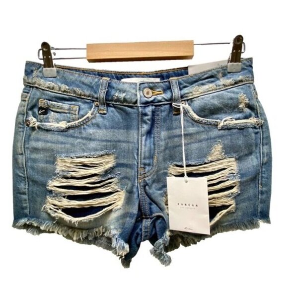 Kancan Women's 3/25 Jean Shorts Blue Super Distressed High Rise Denim NWT - Picture 1 of 14